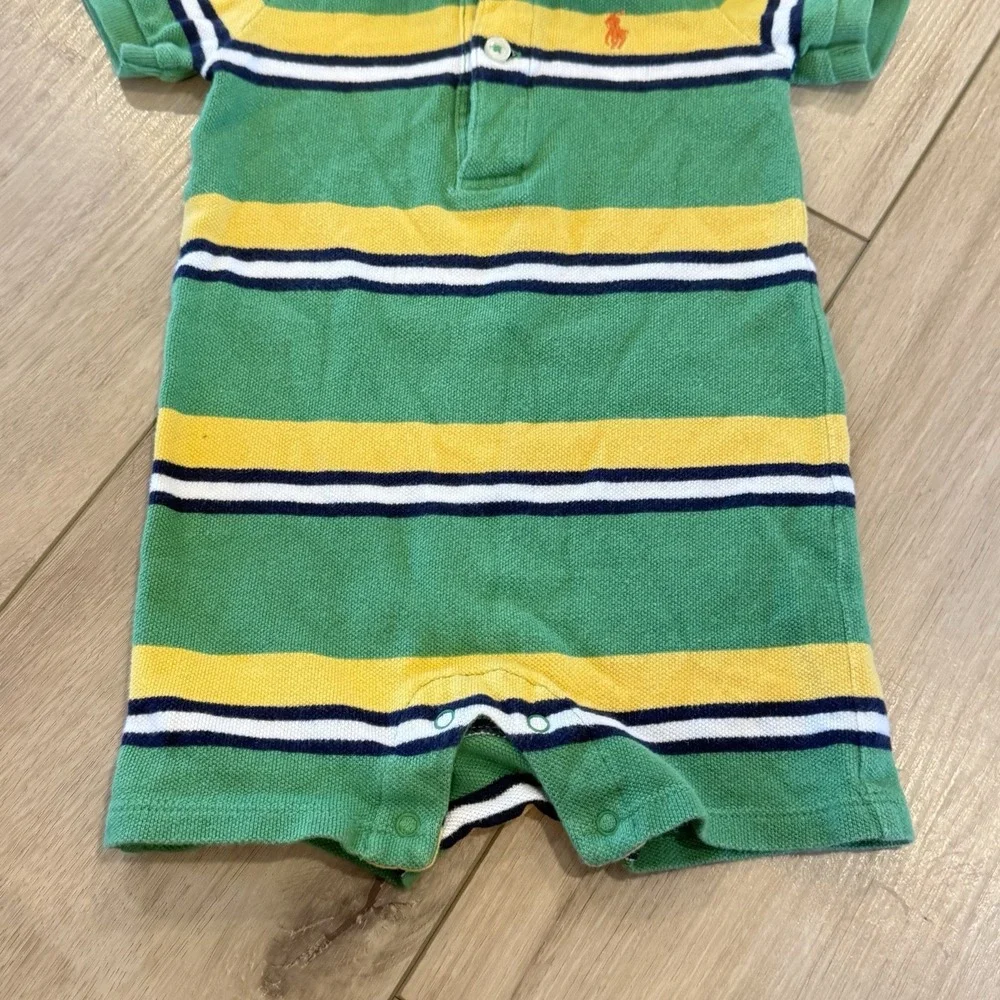 Ralph Lauren Romper Size 6 Month Green Stripe Preppy Short Sleeve Polo One-Piece